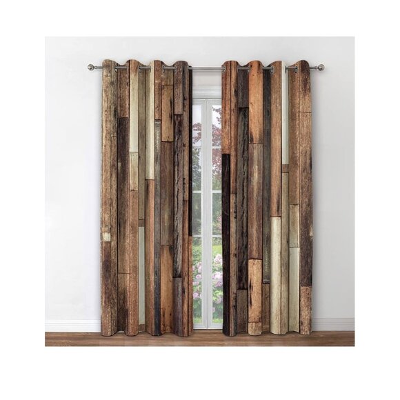 Rustic Wood Print Pair Window Curtains 42x84 Inch Metal Grommets Room Darkening - Picture 2 of 6